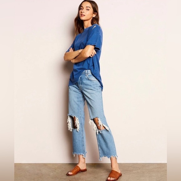 Free People Distressed Mid Rise Maggie Straight Leg Jeans in Blue Size 26 - Picture 1 of 11